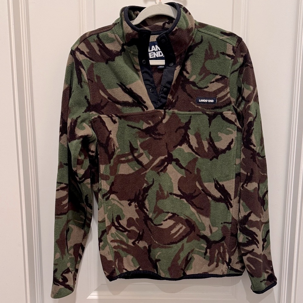 Lands' End T-200 Fleece Snap Neck Pullover Green and Brown Camo Men’s Small - Picture 2 of 12